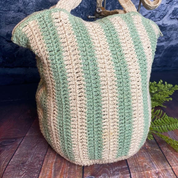 Crochet Woven Striped Round Zippered Bucket Tote with bead accents - Picture 2 of 13